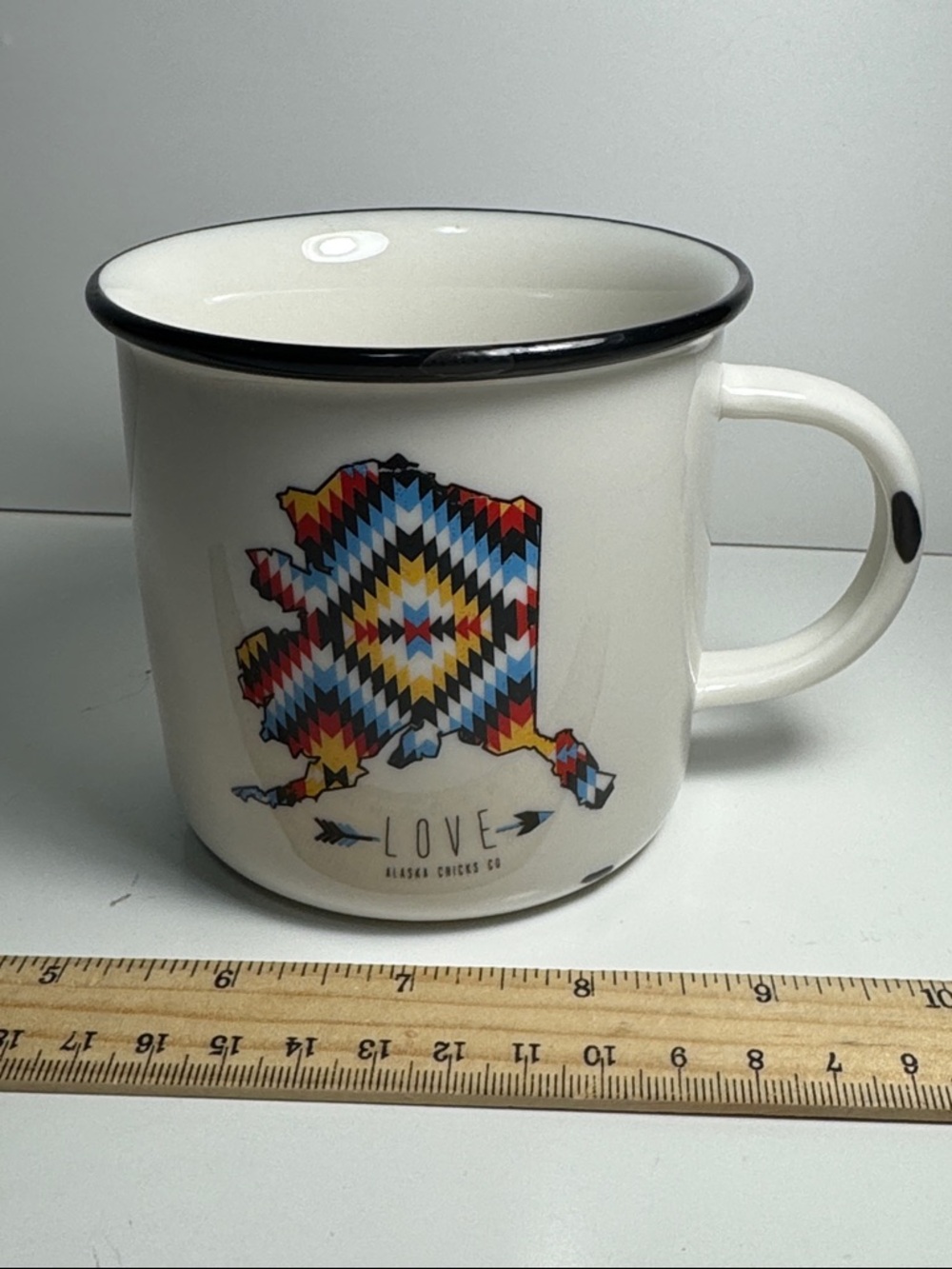 LOVE Alaska Ceramic Camp Mug with Multicolor Native Pattern